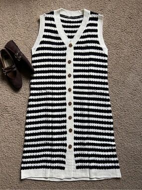 Black & White Striped Knit Button Front Dress